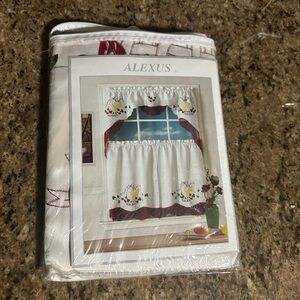 ALEXUS White Embroidered Kitchen Curtain Set with Burgundy Trim